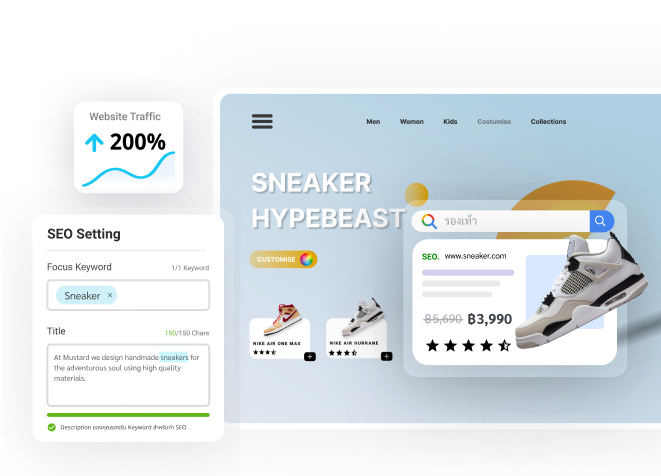 แนะนำฟีเจอร์ SEO สามารถปรับแต่งหน้าเพจใส่รายละเอียดในแต่ละส่วนที่รองรับ SEO ช่วยทำเว็บไซต์ติดอันดับการค้นหาเร็ว ระบบเว็บไซต์สำเร็จรูป MakeWebEasy